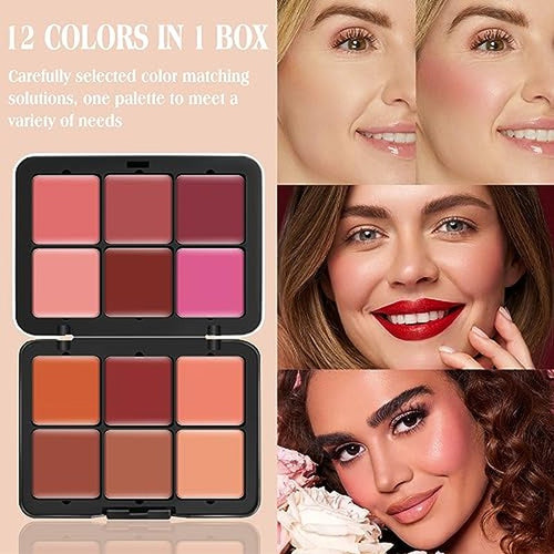 12-Color Cream Blush Palette with Brush - Waterproof & Long-Wearing