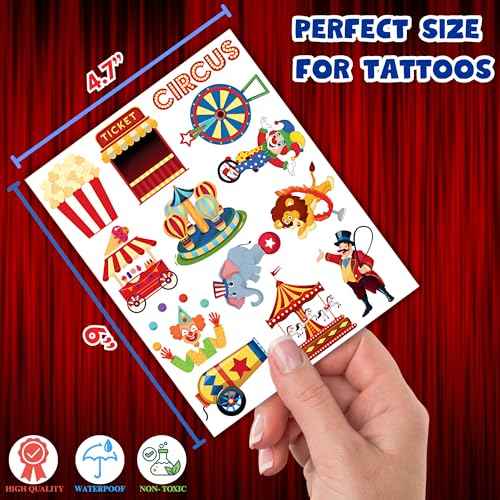 50 PCS Carnival Circus Temporary Tattoos for Kids, Circus Themed Tattoos for Birthday Party Supplies Funny Clown Tattoo Stickers for Kids Boys Girls Party Bag Filler