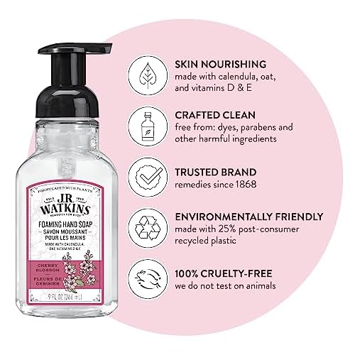 J.R. Watkins Foaming Hand Soap with Pump Dispenser, Moisturizing Foam Hand Wash, All Natural & Foaming Hand Soap Pump with Dispenser, Moisturizing All Natural Foam, Alcohol-Free