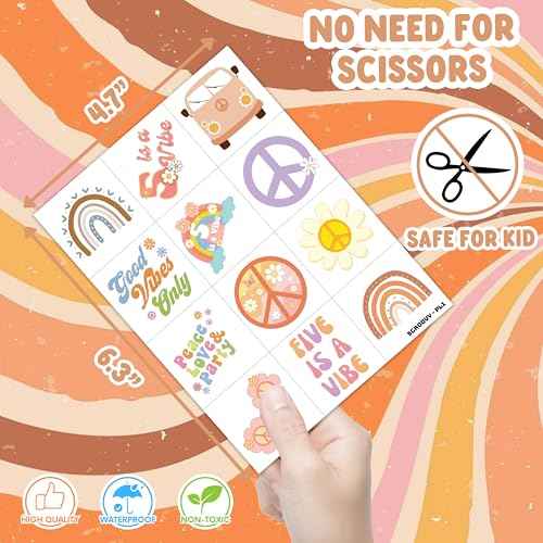 96 PCS Five Is A Vibe Pre-Cut Temporary Tattoos Themed 5th Birthday Party Decorations Favors Supplies D?cor Groovy Retro Boho Rainbow Hippie Die Cut Tattoo Stickers Gifts For Game Boys Girls School