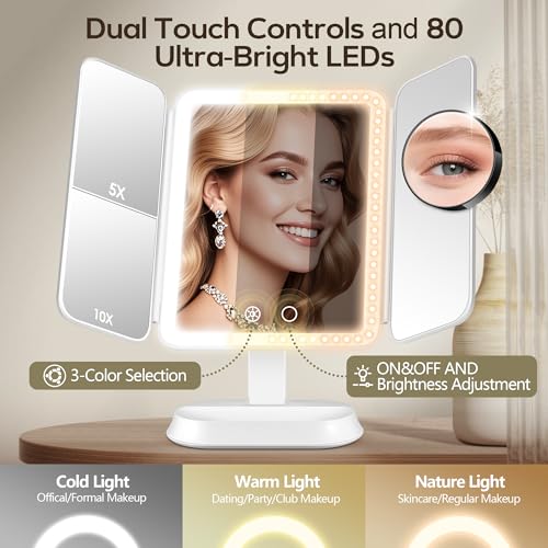 White GOMIPURU Lighted Travel Makeup Mirror with 30X/10X/5X Magnification, Rechargeable, Adjustable Brightness, Foldable Vanity Mirror