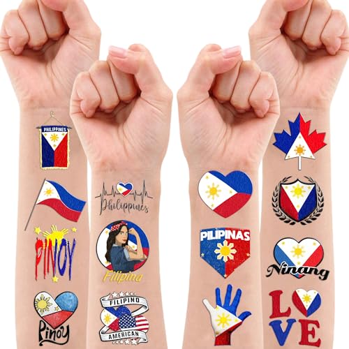 96PCS Philippines Filipino Flag Pride Pre-Cut Temporary Tattoos for Kids Themed Birthday Party Decorations Supplies Decor Favors Super Cute Flag Tattoo Stickers Gifts For Boys Girls Rewards Carnival