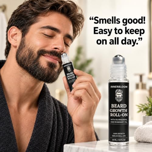 Innerbloom Minoxidil 5% Beard Growth Roll-On with Rosemary Oil - Fast Hair Regrowth Serum