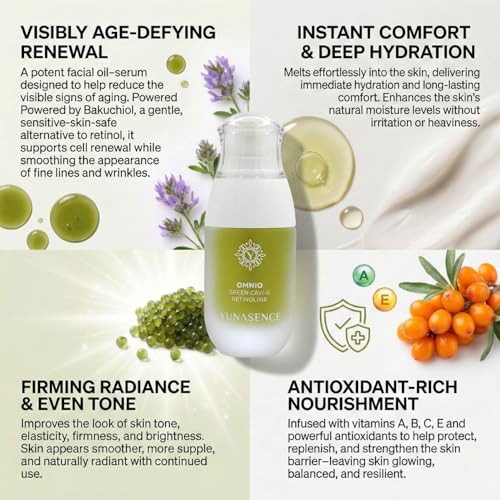 YUNASENCE OMNIO Green Cavi-R Retinolixir, w/3% Bakuchiol, Marula, Vitamin C, Chaga Mushroom. Anti Aging, Firming. Bio-Retinol.