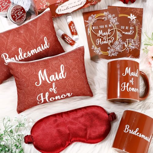 60 Pcs Bridesmaid Proposal Gift Set of 10 - Maid & Matron of Honor Box with Mug Makeup Bag Candle Lip Balm Hair Scrunchie Diamond Pens Bracelet Eye Mask Invitation Cards(Terracotta)