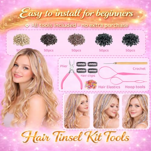 Hair Tinsel Kit 22 Colors – Fairy Hair Extensions Set with Tools