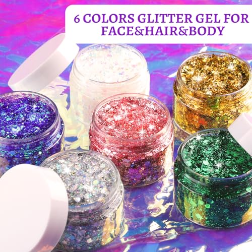 6-Color Body Glitter Gel Set - Face, Hair & Body Makeup