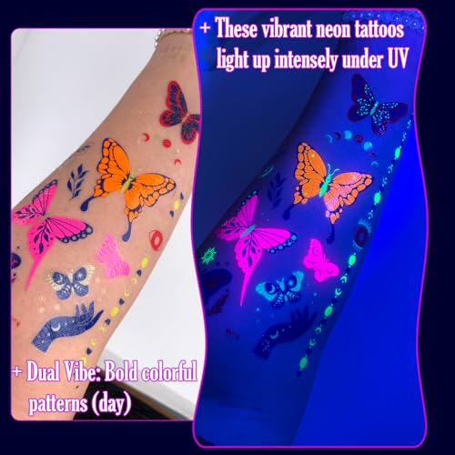 UV Neon Temporary Tattoos - 12 Sheets Glow in Dark