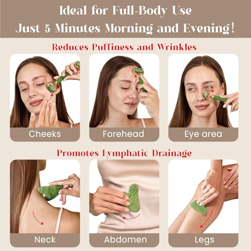 Green Jade Gua Sha and Facial Roller Set for Skin Tightening & Puffiness Reduction - Anti-Breakage Design