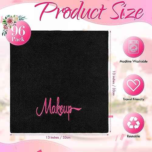 Preboun 96 Pack Makeup Remover Cloths, 13 x 13 Inch Makeup Towels Bulk Soft Microfiber Face Towels Reusable Makeup Washcloths with Makeup Embroidery for Women Skin (Black)