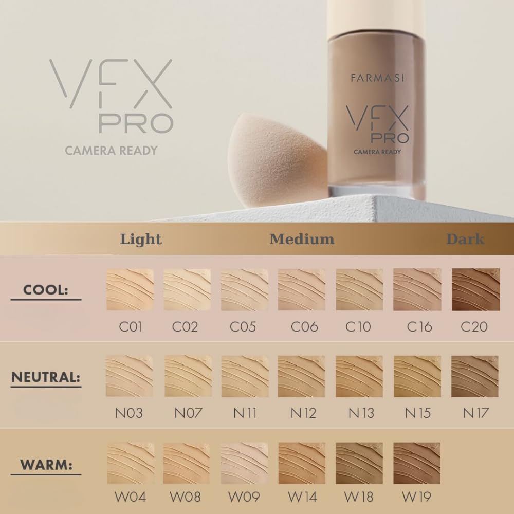 FARMASi Vfx Pro Foundation, Full Coverage Liquid Cream, Lightweight Long Lasting Coverage, Breathable Skin Moisturizer with Color True Matte Blending, Face Makeup, 1 fl. oz / 30 ml - Warm Dark 19