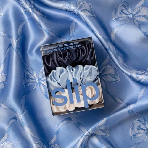 slip Large Scrunchies: Elevate Your Hair Game with Anti-Crease, Anti-Breakage Design, Crafted from Slipsilk¢â, Skye: 3 Pure Silk Scrunchies in Cornflower, Vanilla & Indigo