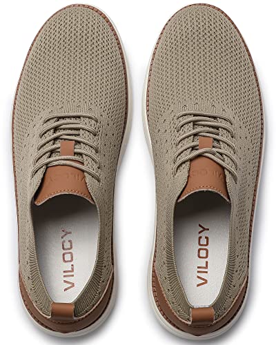 VILOCY Men's Casual Dress Sneakers Oxfords Business Shoes Lace Up Lightweight Comfortable Breathable Walking Knit Mesh Fashion Sneakers Tennis Khaki,EU40