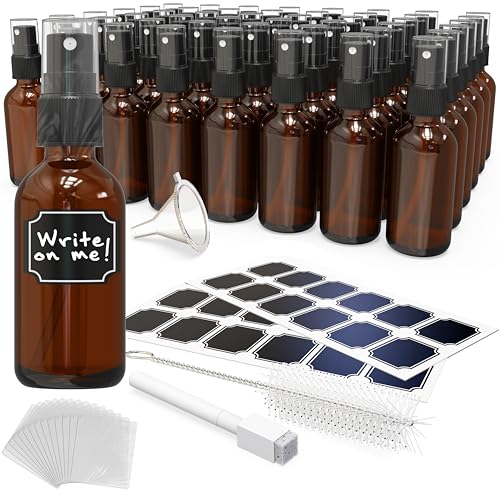Nevlers Small Spray Bottle 2 Oz 48 Pack | Amber Glass Spray Bottles for Cleaning, Oils, Perfume Alcohol & More | Mist Bottle Set w/Shrink Wrap, Funnel, Brush, Labels & Marker | Small Glass Bottles