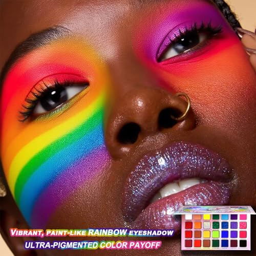 DE'LANCI Rainbow Eyeshadow Palette Colorful Makeup Pallet, Multichrome Bright Neon Eyeshadow Palette, High Pigment Vibrant Face Paint Rainbow Iridescent Makeup Long Lasting Daily Festival Goth FX Look