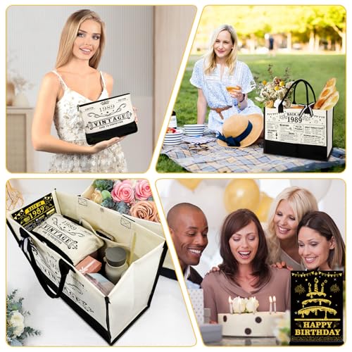 YeohJoy 37th Birthday Gifts for Her Canvas Tote Bag Travel Gear, Unique 37 Years Old Birthday Gifts for Wife Women Sister Friends Her, Vintage 1989 Handbag & Makeup Bag & 37th Greeting Card