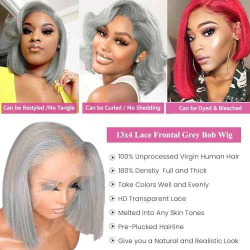 Ubetta Grey Bob Wig Human Hair 13x4 Lace Front Wigs for Black Women Glueless Bob Wigs Human Hair Pre Plucked Silver Grey Lace Front Wigs 12 Inch 180% Density Slightly Bleach Knots