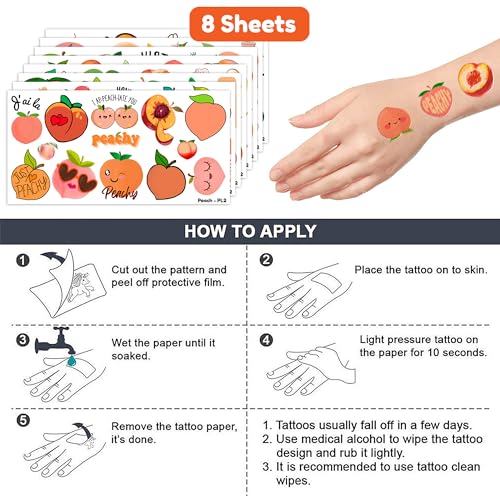 96Pcs Peach Temporary Tattoos for Kids Birthday Party Favors