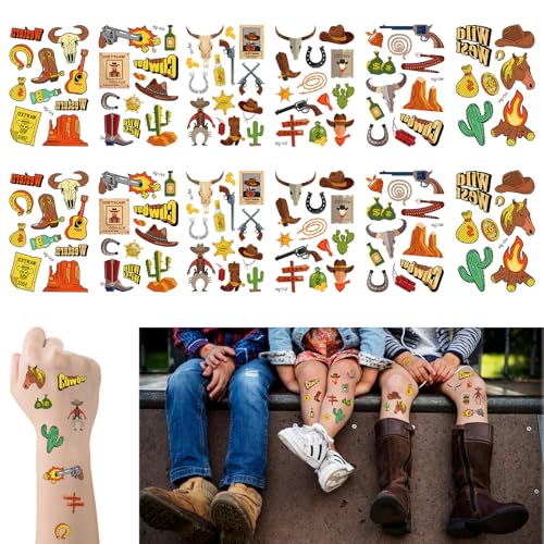 Hying 12 Sheets Cowboy Temporary Tattoos Waterproof Western Party Stickers