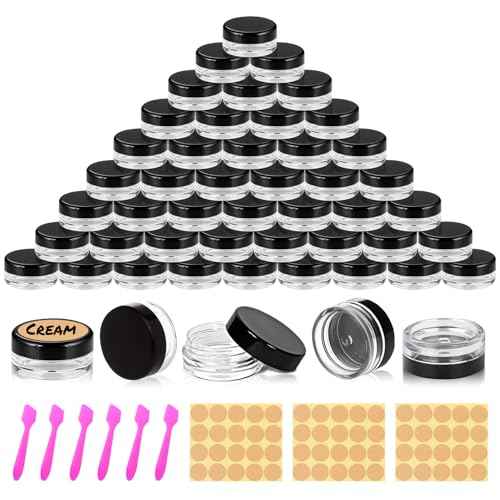 60 pcs 3 Gram Round Small Sample Containers with Lids Clear Plastic Mini Sample Jars for Creams, Powders, Glitters, 3ml Lip Balm Containers with Spatulas Labels