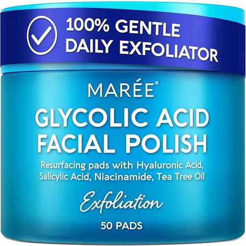 MAREE Glycolic Acid Pads - Toner Pads for Face Cleansing - Exfoliating Pad with Tea Tree Oil, Salicylic Acid & Vitamins E, B3, B5 - Acne Clearing, Skin Pore Resurfacing & Radiance Device - 50 Count