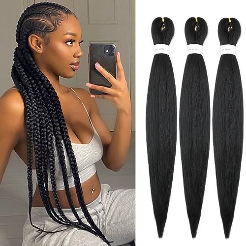 IXIMII Black Pre Stretched Braiding Hair 26 inch 3 packs #1B Prestretched Kanekalon Hair Soft Long Straight Synthetic Braids Yaki Texture Hot Water Setting Hair Extensions