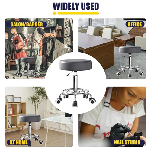 Rolling Stool, Heavy Weight Capacity 250lb, PU Leather Rolling stools, Ultra Soft Padded Seat, Rolling Stools with Wheels and Footrest, 360¡Æ Swivel, Spa Drawing Salon Work Office Tattoo Stool (Grey)