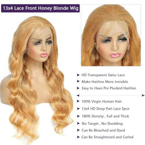 Honey Blonde Lace Front Wig Human Hair 27# Colored Blonde Wig Human Hair Lace Front Wigs Body Wave Glueless Wigs Human Hair Pre Plucked HD 13x4 Lace Frontal Wigs Human Hair 180% Density 24 Inch