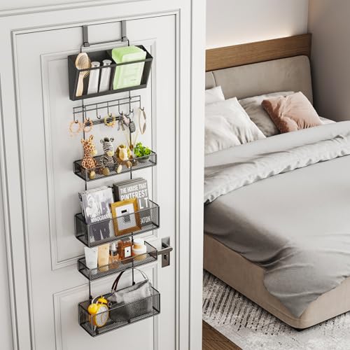 HapiRm 6-Tier Over-the-Door Organizer with Visual Pockets & Hooks (Hooks Style, Black) – Includes 4 Large Baskets