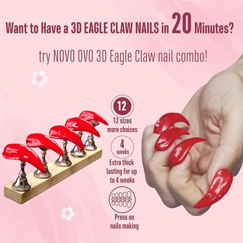 NOVO OVO 3D Eagle Claw nails kit, 1 Full Cover Curved Stiletto Nail tips (120pcs) with 2 Solid Sulpture Gel Glue (20ml each), to Make Press on x Extension Acrylic Hawk Raptor Sharp Fake Cosplay Nails