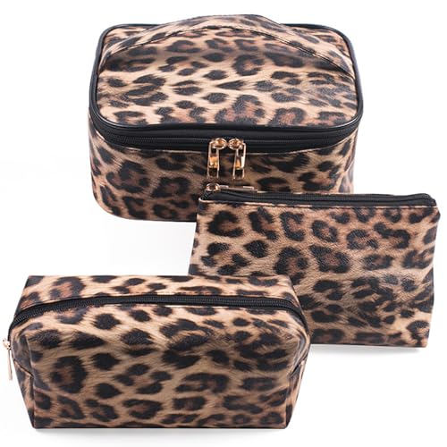 Kaxich 3PCS Leopard Print Makeup Bag Set, PU Leather Cosmetic Pouch Organizer Large Toiletry Bag with Zipper Closure for Women Girls (Dark Curry)