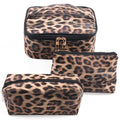 Kaxich 3PCS Leopard Print Makeup Bag Set, PU Leather Cosmetic Pouch Organizer Large Toiletry Bag with Zipper Closure for Women Girls (Dark Curry)