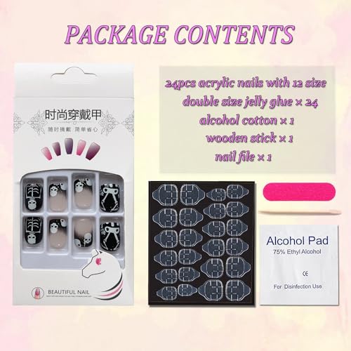 Halloween Short Press on Nails Black Skull Fake Nails Full Cover Glue on Nails with Design Glossy Square Shape Halloween False Nail Tips Reusable Halloween Short Square Nails for Women Manicure 24Pcs