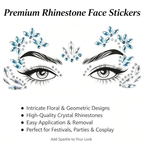 Blue Crystal Face Gem Stickers - 2 Sheets Rhinestone Tattoos