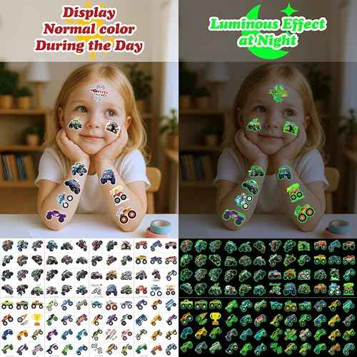 96PCS Monster Truck Pre-Cut Temporary Tattoos for Kids - Super Cute Birthday Party Supplies, Favors, and Decorations - Fake Tattoos Stickers for Boys, School Rewards, and Gifts (Luminous)