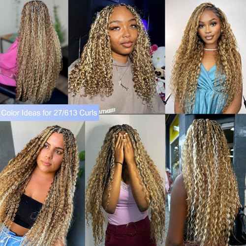 Highlight Human Braiding Hair for Boho Braids, 27/613 Curly Boho Human Hair for Braiding Highlights Blonde Deep Water Wave Bulk Human Hair Color 27 and 613 Bohemian Knotless Braids Two Bundles