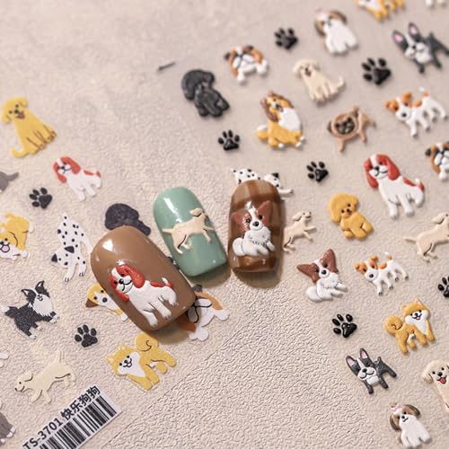 Dog Nail Art Stickers Cute Pet Dog Nail Decals 5D Embossed Nail Stickers Dalmatian Corgi Teddy Dog Paw Nail Design Self-Adhesive Nail Accessories Puppy Nail Supplies for Women Manicure Decoration 1PC