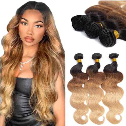 12A Grade Ombre Bundles Human Hair (T1B/30/27,20" 22" 24") Ombre Brown Body Wave Human Hair 3 Bundles 100% Unprocessed Virgin Brazilian Body Wave Hair Quick Weave