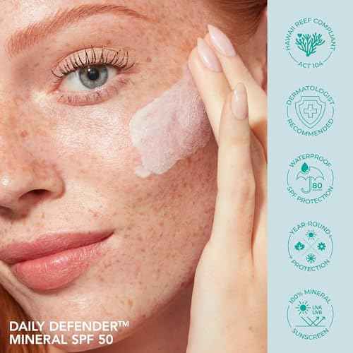 Daily Defender Broad Spectrum SPF 50 Mineral Sunscreen with Hyaluronic Acid, Vitamin C & Niacinamide (as Vitamin B3), Lightweight UVA & UVB Protection, Skin Care, Untinted