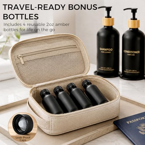 Black Glass Shampoo and Conditioner Dispenser Set - 4 Pack with Travel Bottles