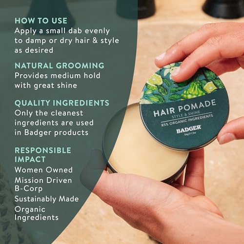 Badger Organic Hair Pomade for Men, Medium Hold & Shine