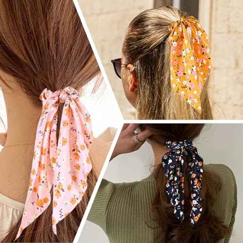 5-Piece Fabric Classic Bowknot Hair Ties, Elegant Hair Scarf Scrunchies Long Ribbon Ponytail Holders Head Bands, Elastic Vintage Bow Tie Hair Accessories for Ladies Women Girls (Flower Print)