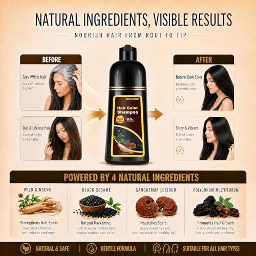 Black Hair Dye Shampoo for Gray Coverage - 3-in-1 Formula, 16.90 Fl Oz