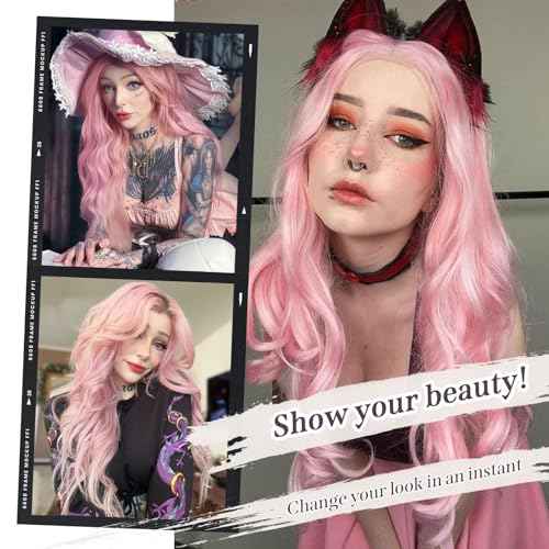 Pink Wig 26 inch Long Wavy Pink Wigs for Women, 13X4X1 HD T-part Synthetic Lace Front Wig Natural Looking As Human Hair Middle Part Pre Plucked Glueless Wigs for Daily Party Cosplay Use (T2313#)
