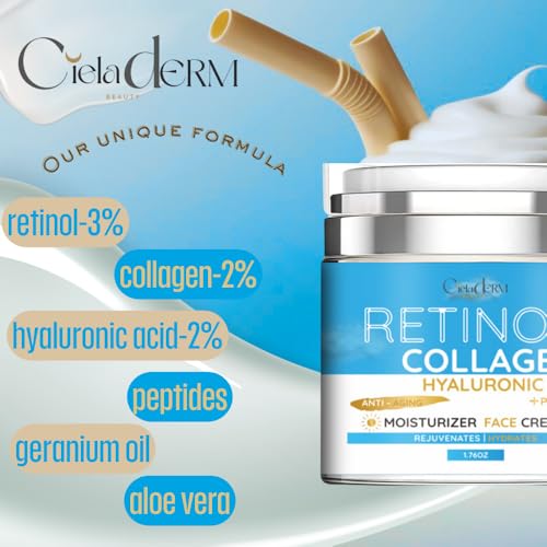 Cieladerm Hydrating Face Moisturizer ? Lightweight, Anti-Aging Cream with Retinol, Hyaluronic Acid, Collagen & Vitamin E ? Smooths Fine Lines, Non-Greasy Daily Face Cream for All Skin Types