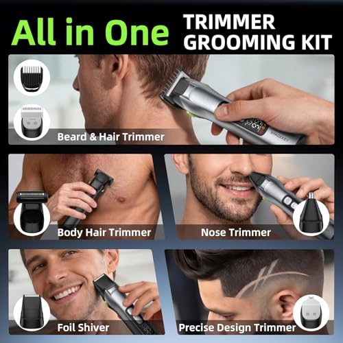Beard Trimmer for Men, 15 Pieces Mens Grooming Kit, 5 in 1 Stainless Steel Blade Cordless Hair Clippers, 150-Min Long Runtime, IPX7 Waterproof, 3 Speeds Body Hair Trimmer for Nose, Ear, Face, Chest