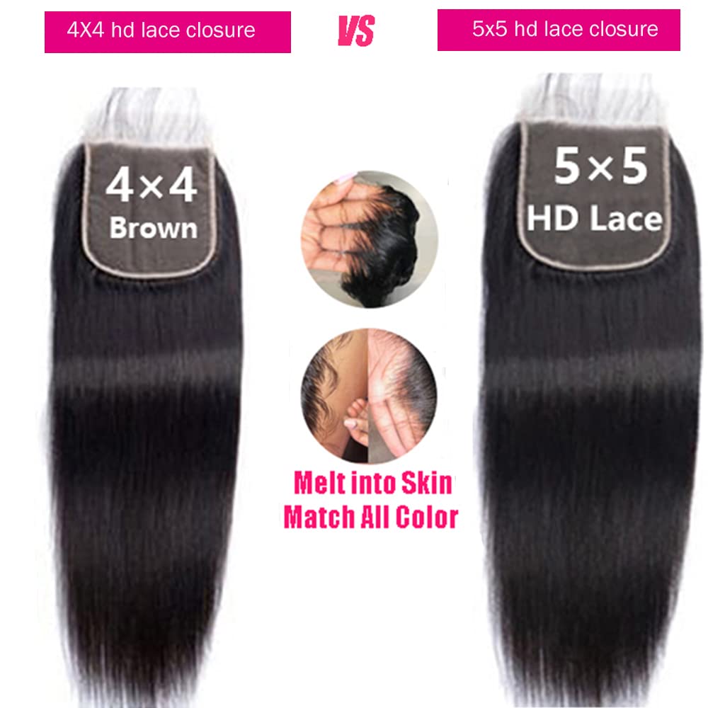 5X5 Closure Brazilian Straight Lace Closure Only Human Hair Free Part With Baby Hair Preplucked Bleached Knots Real Virgin Human Hair Swiss Lace Front For Women 5 By 5 Closure Natural Black 10 Inch