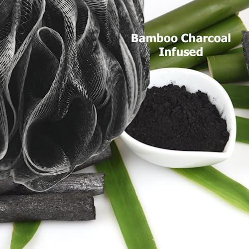 SHOWER BOUQUET Charcoal-Loofah XL 4-Pack & Japanese-Exfoliating-Washcloth 2-Pack for Back & Body // 4 Extra Large Bath Sponges Plus Silver Ion Infused Exfoliating Towel with Handles, 2 Charcoal White