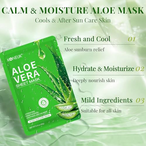 30 Pack Aloe Vera Hydrating Face Masks Skincare, Moisturizing & Soothing Sheet Face Mask for Skin Care, Bulk Aloe Face Masks for After Sun Care and Sunburn Relief