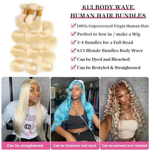 613 Blonde Body Wave Bundles Human Hair 18 inch 100% Unprocessed Virgin Human Hair Bundles 12A Quick Weave Human Hair Extensions